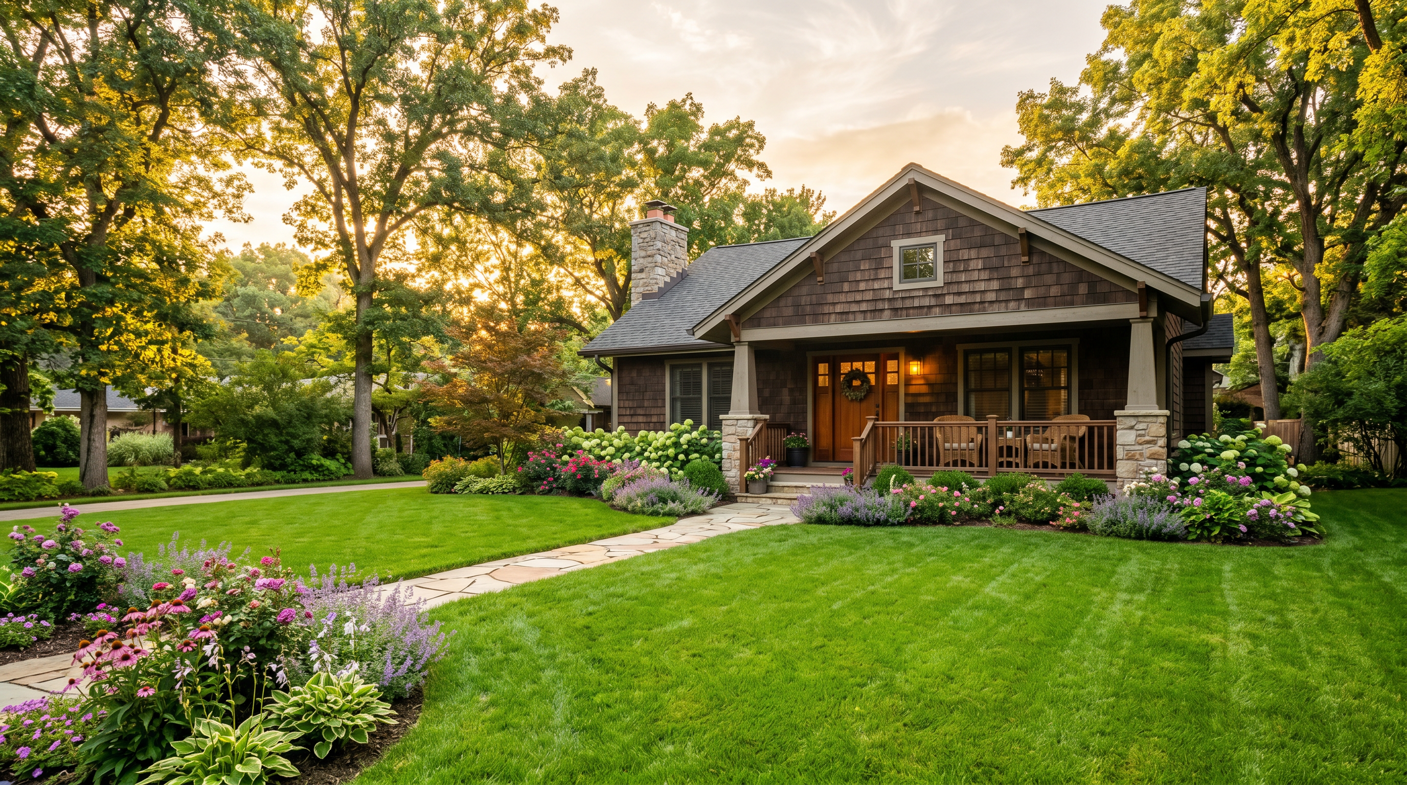 A craftsman-style home with a manicured front lawn, flower beds, and mature trees at golden hour