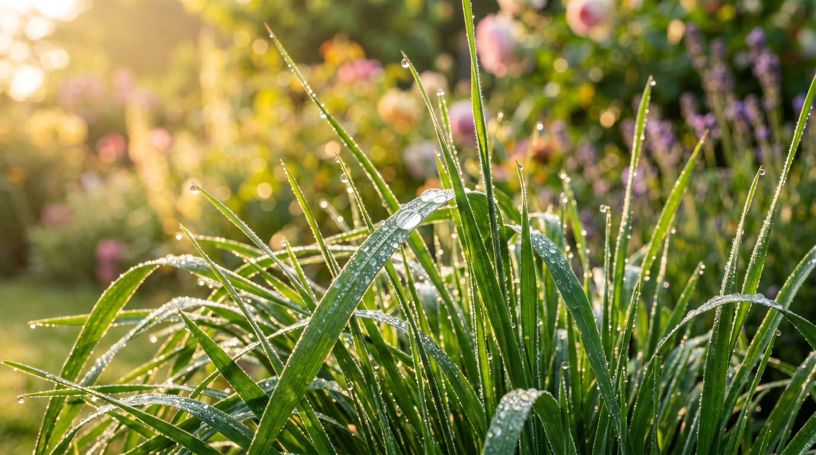 Close-up of lush green grass blades with morning dew at sunrise
