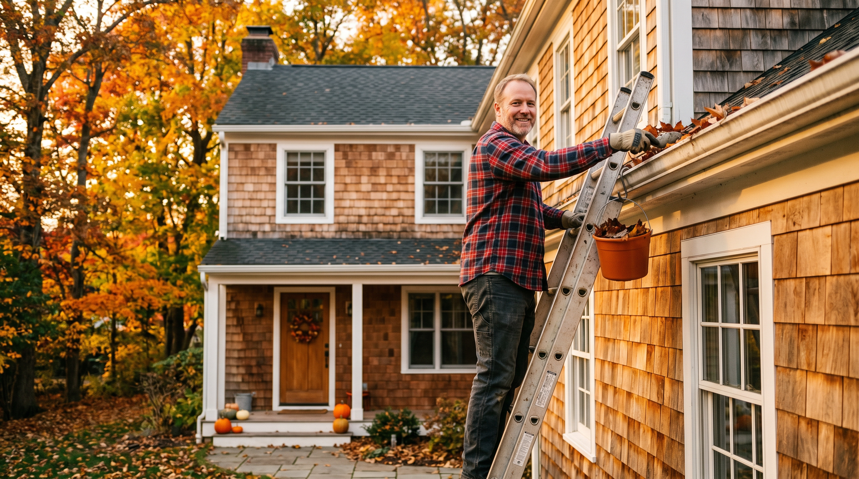 A homeowner cleaning leaves from gutters on a two-story cedar-shingle home in autumn