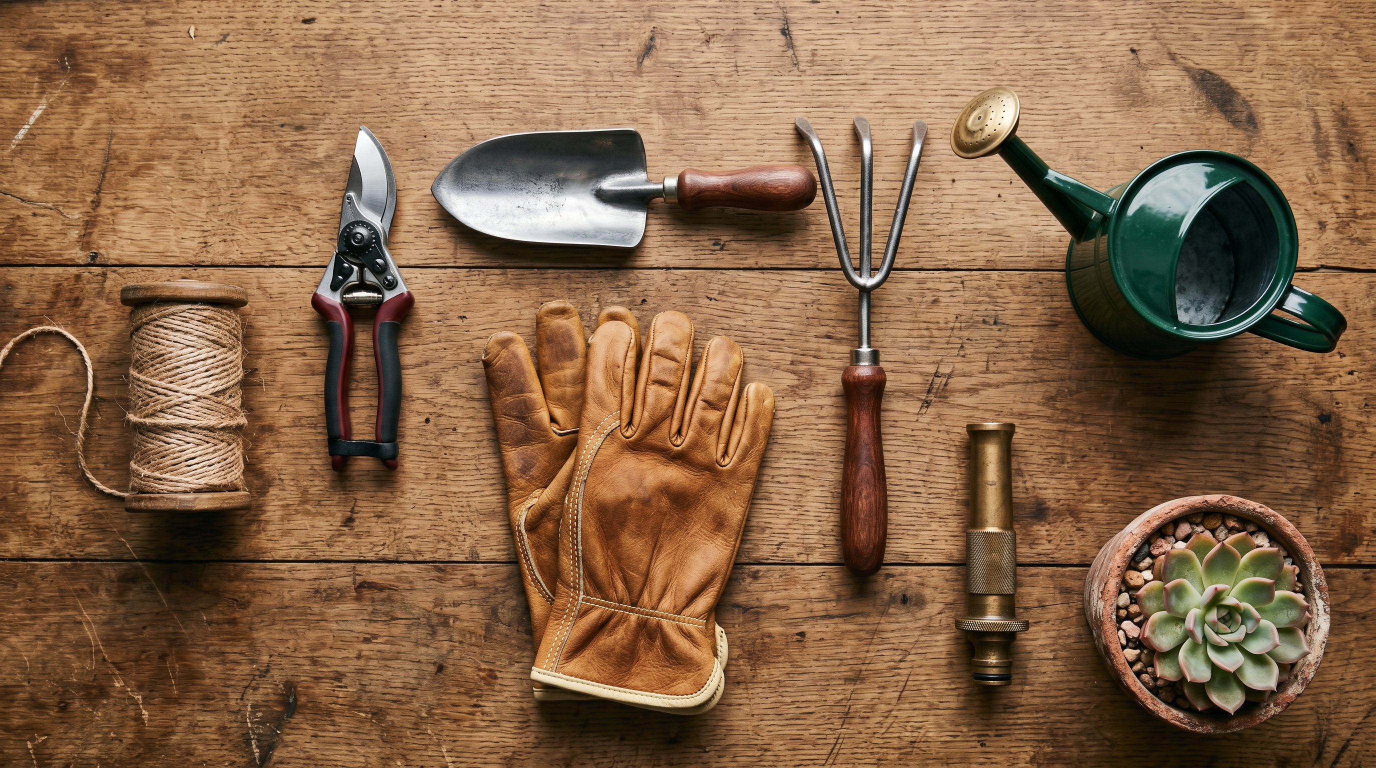 An overhead arrangement of garden tools on a rustic wood workbench — shears, trowel, gloves, watering can