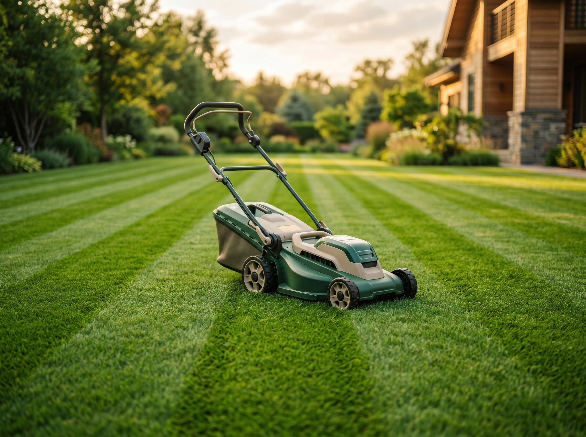A modern electric lawn mower on a freshly striped lawn