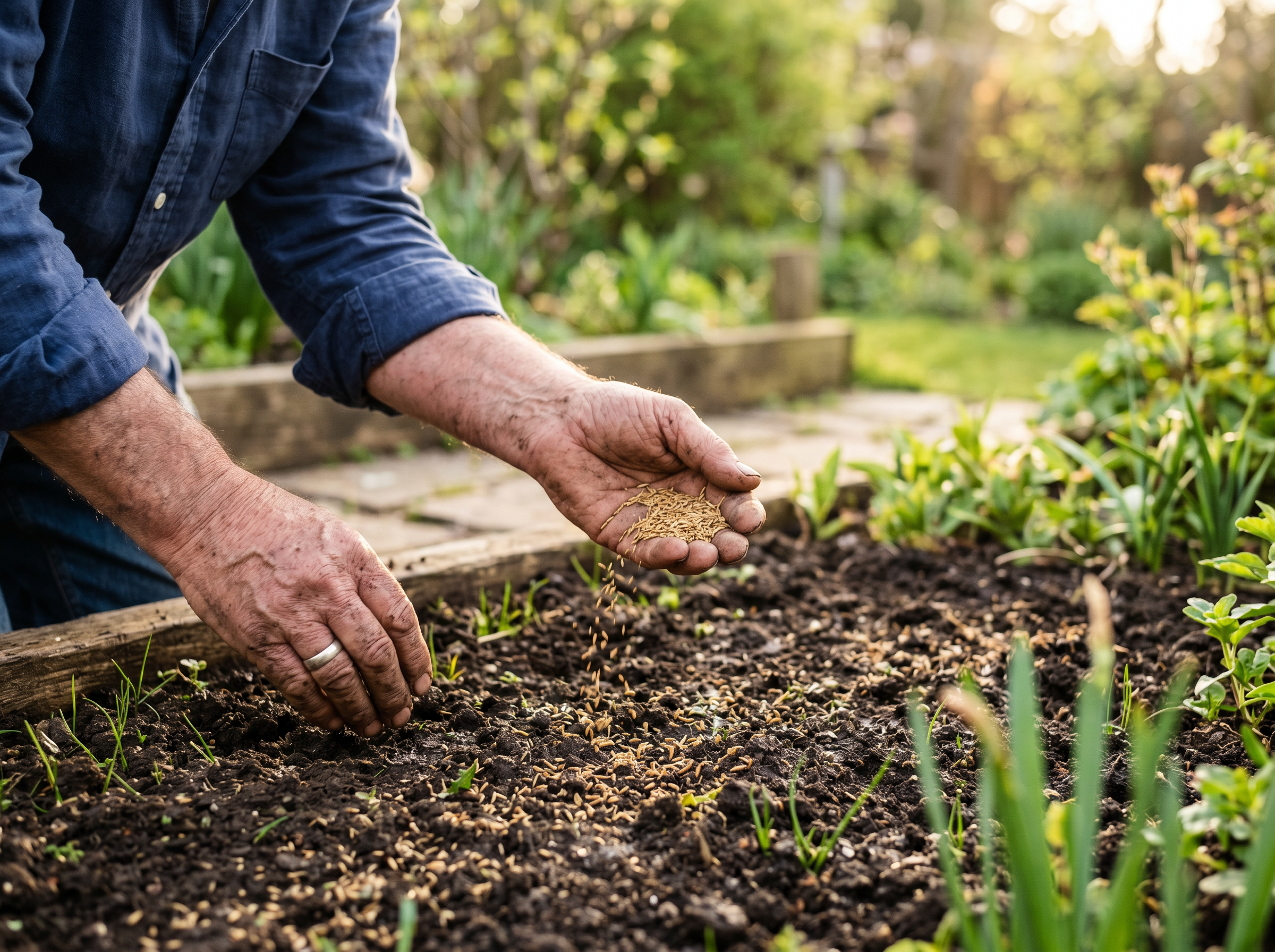 Hands spreading grass seed onto prepared dark soil