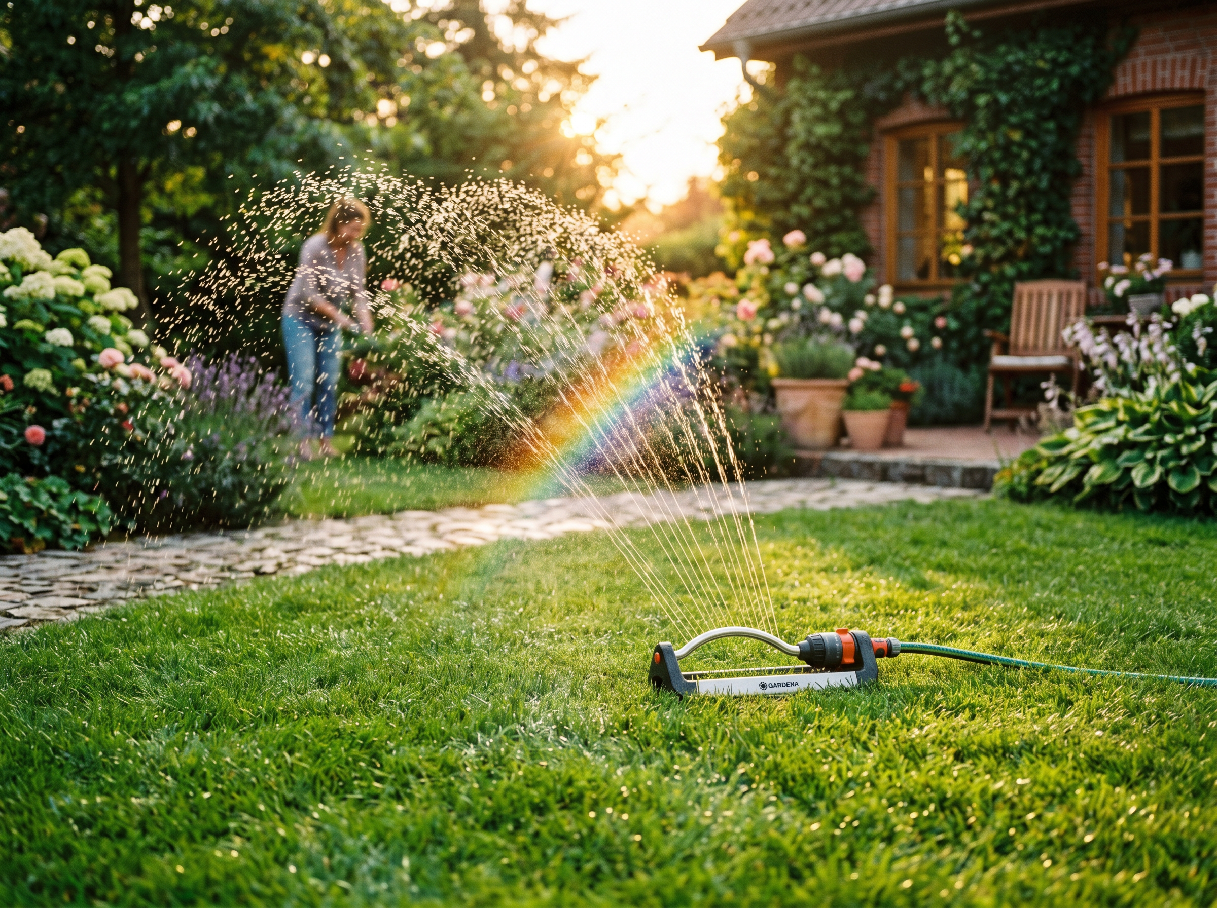 An oscillating sprinkler watering a lush green lawn at golden hour, creating a rainbow